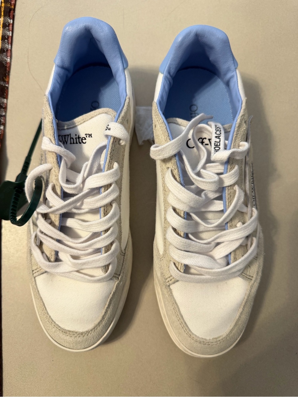 Off-White White and Light Blue Low-Top Sneakers